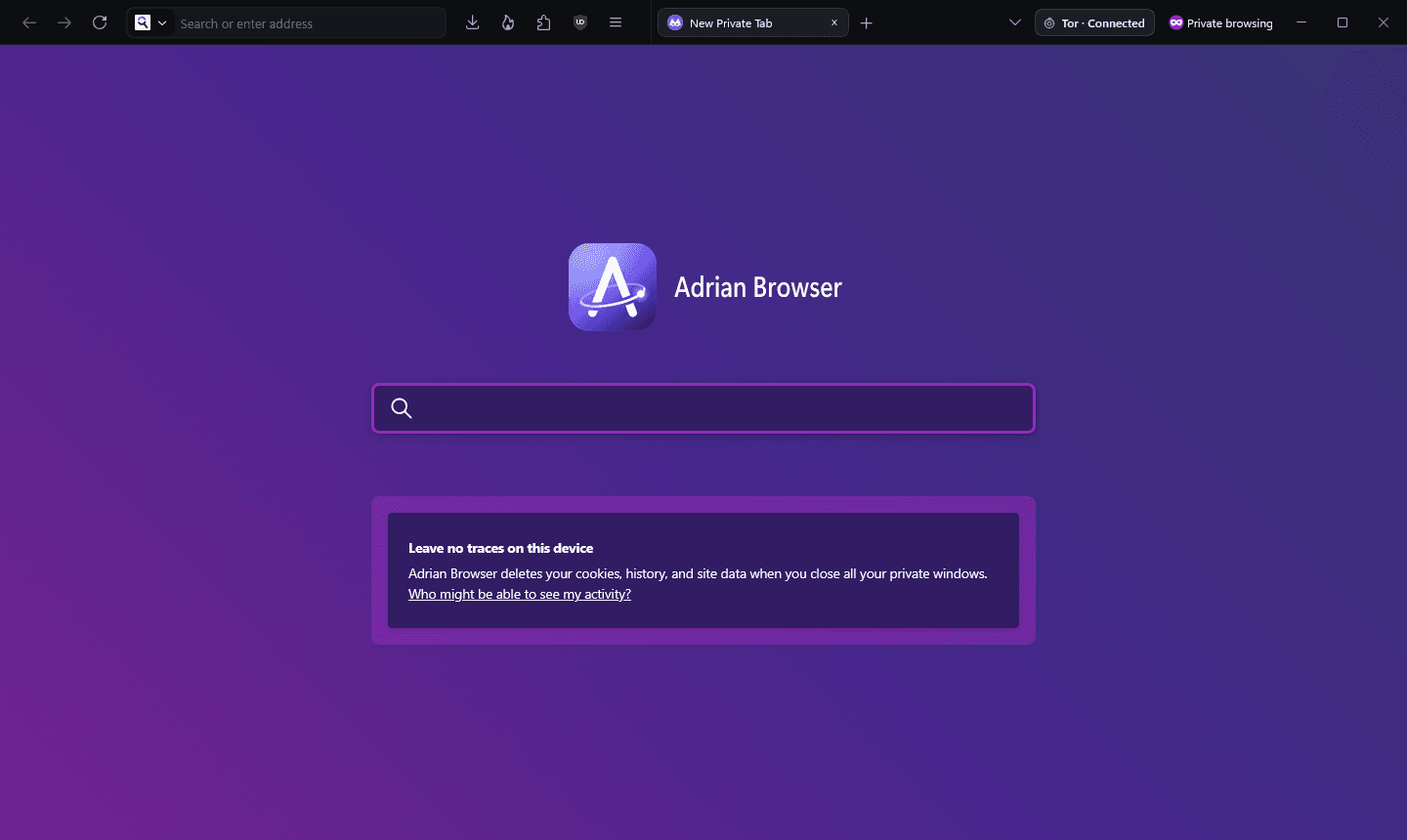 A private window in Adrian Browser with the green Tor status pill next to the window controls