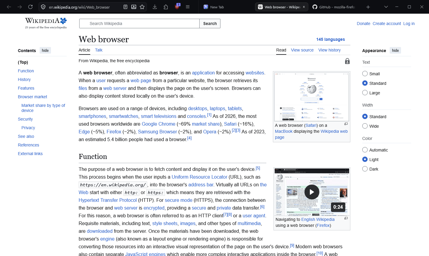 Adrian Browser showing a web page, with navigation, address bar, tabs and window controls in a single dark row
